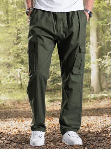 Mesinsefra Men's Pull On Cargo Pants Elastic Waist Lightweight Work Casual Cotton Lounge Relaxed Fit Pant Army Green 404