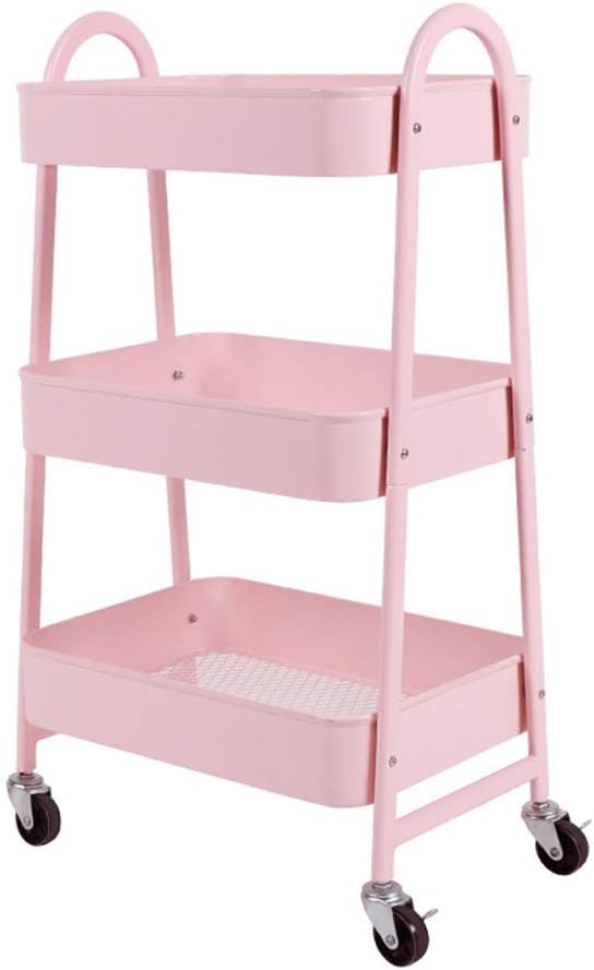 Storage Rack Mobile Kitchen Rack Trolley with Wheel Bedroom Storage Beauty Multi-Layer Girl Push Storage Shelf,White (Pink)