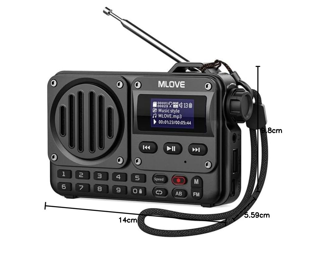 MLOVE BV800 Radio FM Portátil Pequeña Pantalla LCD y Altavoz Bluetooth, Admite Reproducción a través de BT 5.0, Entrada AUX, USB y Tarjeta TF para Disfrutar de la Música en Cualquier Lugar, Negro