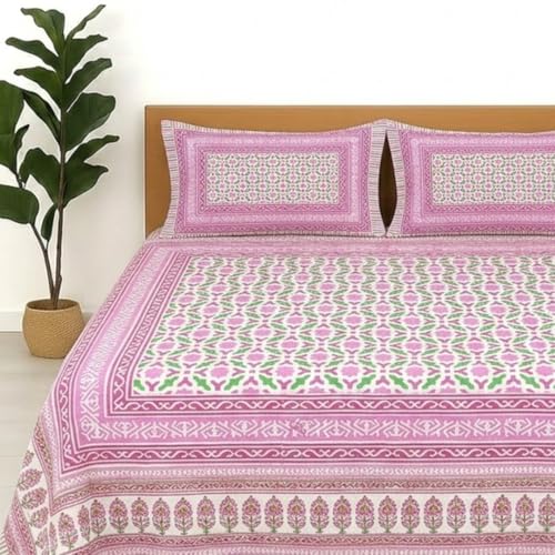 Image of Jaipur Weaves Jaipuri Double Bed Cotton Bedsheet Queen Size 90x85, 120 TC 100% Pure Cotton Bed Sheet with 2 Pillow Covers, Floral Traditional Print (Motifs Pink, Double)