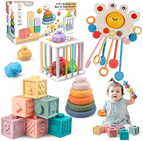 Plunack 4 in 1 Baby Toys 6 to 12-18 Months,Montessori Toys for Babies,Pull String Baby Teether, Stacking Building Blocks Infant Bath Toys,Color Shape Bin Sensory Toys for Toddlers 1-3 Boys Girls Gifts