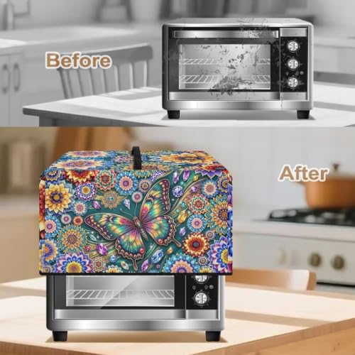 Image of Dustproof Microwave Oven Cover Dust Protection Protective Toaster Oven Cover Protector for Kitchen Countertop, L, 20.9 x 15.7 x 12.4 Inches, Bohemian Floral Butterfly Blue