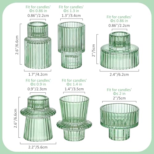 Turvono ヴィンテージリブグリーンガラスキャンドルホルダー12個セット、3つのサイズのピラー、ティーライト&ボーティブホルダー、エレガントなグリーンキャンドルスティックホルダー テーブルセンターピース&棚の装飾用 [2]