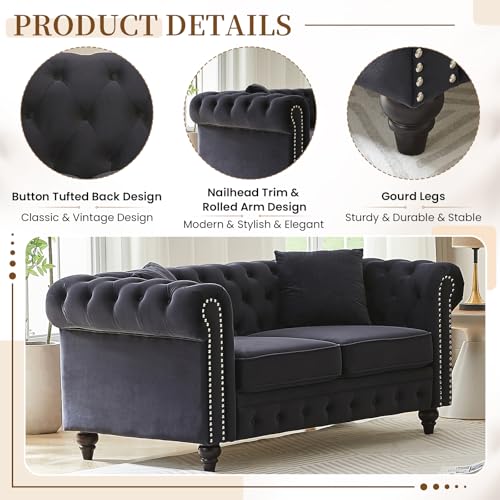 Image of Mid Century Modern Loveseat Sofa, 63.5 inchW Velvet Fabric Button Tufted Small Couch with Nailhead Trim & Roll Armrest, Upholstered Comfy Chesterfield Sofa for Living Room, Office(2 Seater, Dark Black)