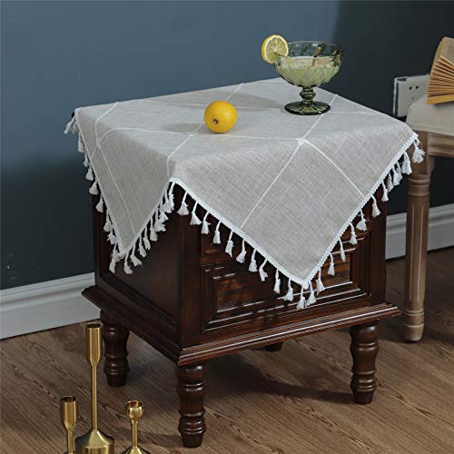 Luckyhousehome Checked Lattice Small Square Tablecloth Embroidery Tassel Table Cover For Home Dinning Tabletop 24X24 Inch, Brown #TOP3