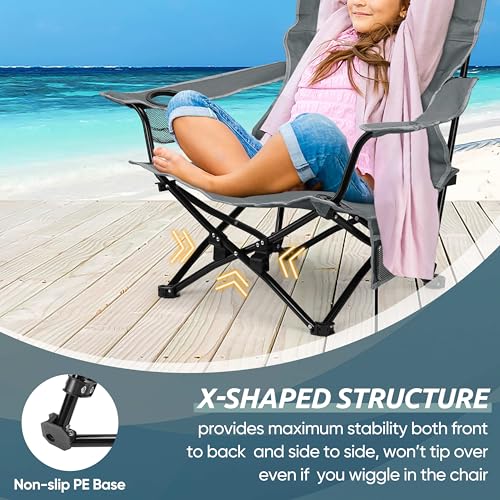 Image of HaSteeL Folding Beach Chair Set of 2, Foldable Grey Camping Chairs for Outside, Low Beach Chair Portable for Adults Fishing, Picnic, Outdoor BBQ, Travel, Sports, Cup Holder & Storage Bag
