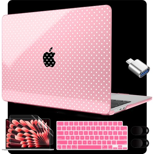Image of MEEgoodo for M5 /M4 /M3 /M2 MacBook Air 15 inch Case 2026 2025 2024 2023, Case Fit Model (A3448 /A3241 /A3114 /A2941) for MacBook Air 15.3 inch, Cherry Blossom Pink&Polka Dots