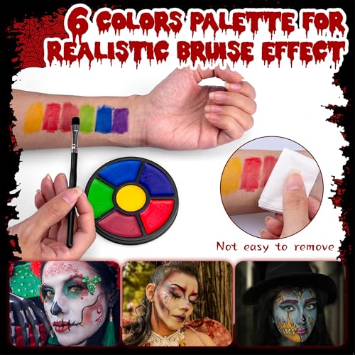 Halloween Special Effects SFX Makeup Kit - 6 Colors Bruise Body Makeup Face Painting Palette + Scar Wax + Spatula Tool + Fake Blood + Stipple Sponges + Brushes - For Halloween Party & Cosplay