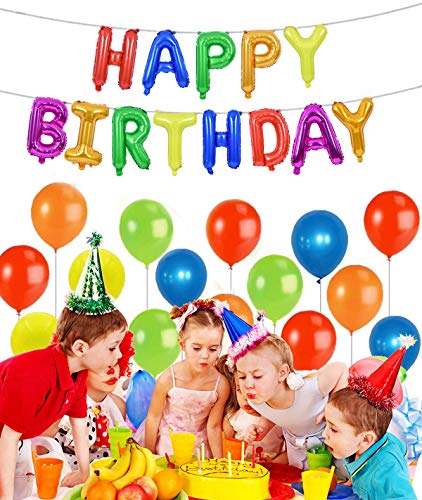 Toniful 7 Color Rainbow Happy Birthday Balloons Banner, 16 Inches Colorful Mylar Foil Letter Sign Balloons Banner Bunting For Girls Boys Kids & Adults Birthday Decorations #TOP3