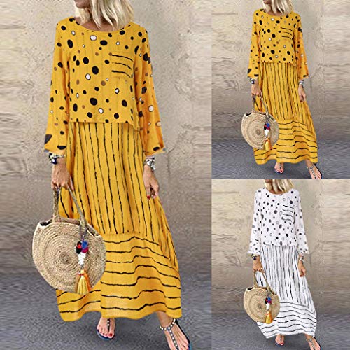 Witspace Women Vintage Print Polka Dots Striped Fake Two-Piece O-Neck Maxi Dress