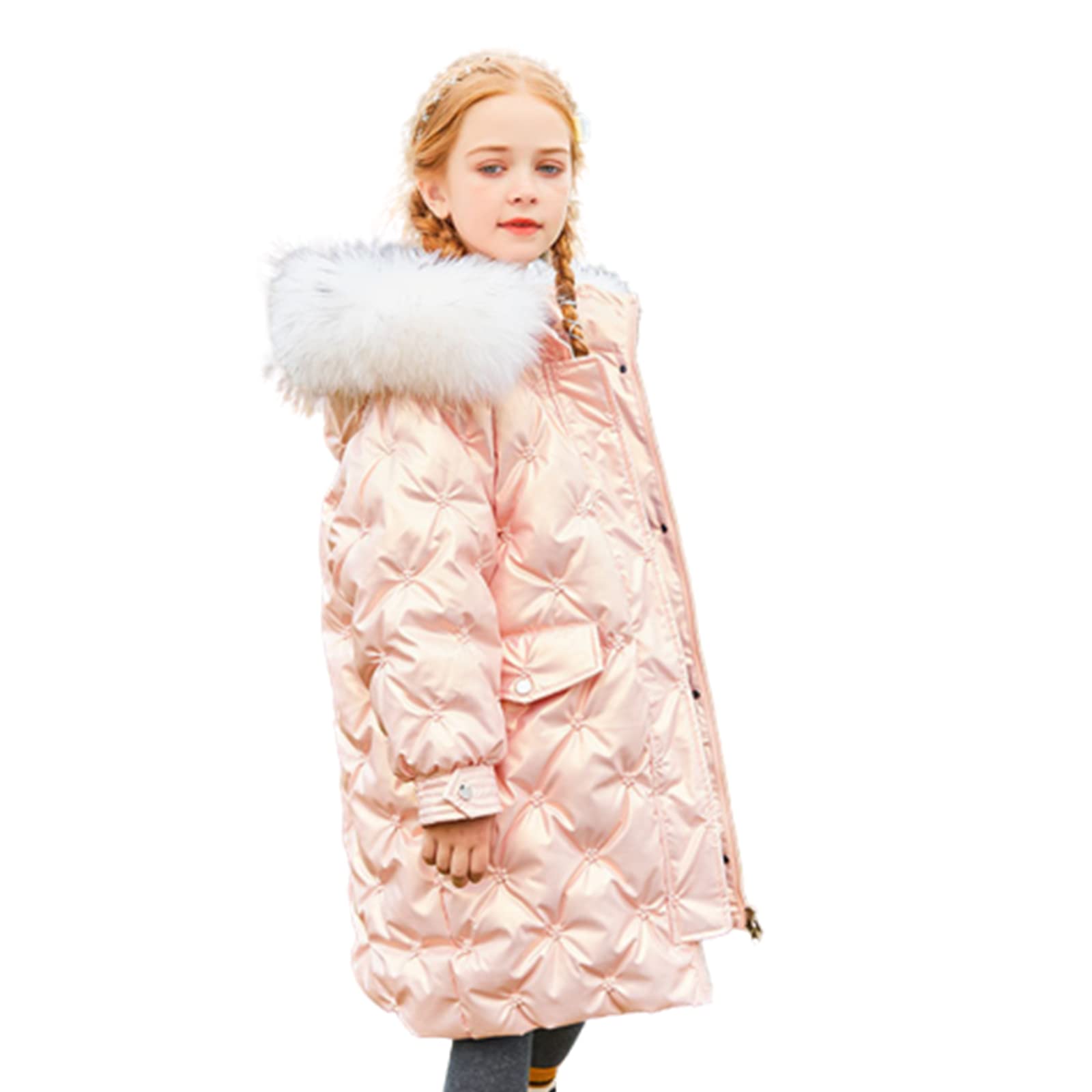 Piumino da Bambina Invernale Bianco Piumino D'Anatra per Bambini Caldo Giubbotto con Cappuccio Stampa Tridimensionale Dolce Ed Elegante,Pink,15(140CM)