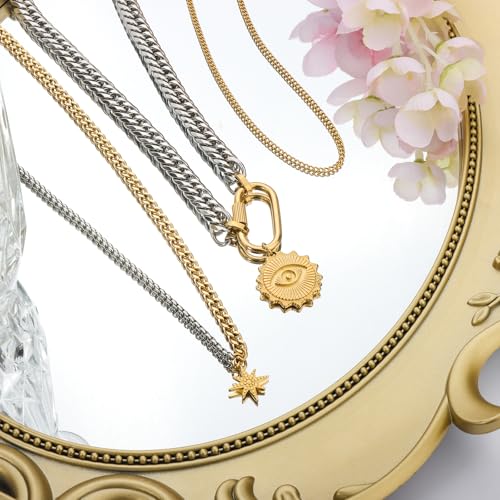Gold Silver Layered Necklaces for Women 3 Set,Chunky Two Tone Necklace Evil Eye Pendant Paperclip Cuban Link Stacked Chain Trendy Statement Jewelry Gift Women Men4