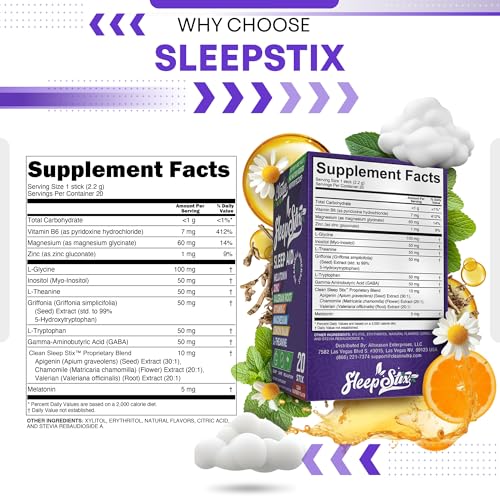 Image of Sleep Aid Melatonin Powder Tryptophan Glycine Valerian Root Magnesium For Sleep Lemon Balm L Theanine Magnesium Glycinate Zinc Sleep Aid Myo Inositol GABACalm B6 5 HTP Stress Relief 20 Stix