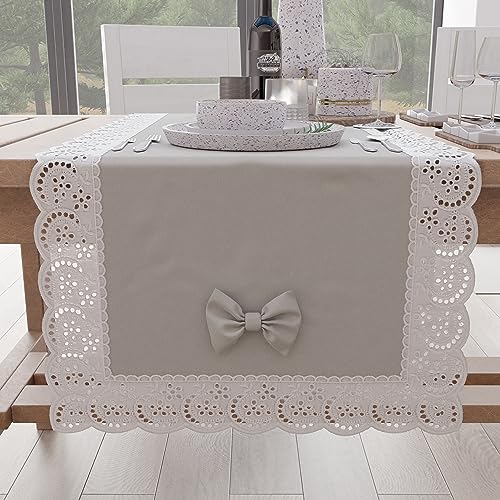 PETTI Artigiani Italiani - Chemin De Table Rectangulaire Tissu avec Dentelle de Saint-Gall, Cheminée De Table en Coton 40x140 cm, Gris Clair Accessoires De Cuisine 100%...