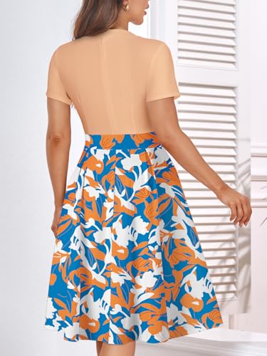 Image of YATHON Womens Elegant Print Notched Neck Slant Pocket Pleated Hem Casual A-Line Dress