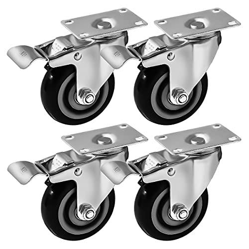 4 Pack Caster Wheels Swivel Plate Brake Casters On Black Polyurethane Wheels (4 inch with Brake)
