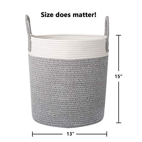 CherryNow Medium Cotton Rope Basket – 13"x15" Decorative Woven Basket for Laundry, Baby, Blanket, Towels, Home Storage Container (Grey)