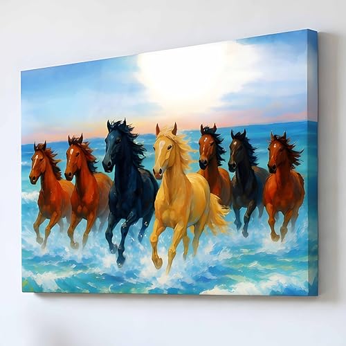 Image of 7 Running Horses Vastu Stretched Canvas Painting For Living Room Blue Seven Horses Vastu Wall Art Painting Symbol of Success, Growth & Positive Energy Wall Art for Home & Office, 12x16 Inch
