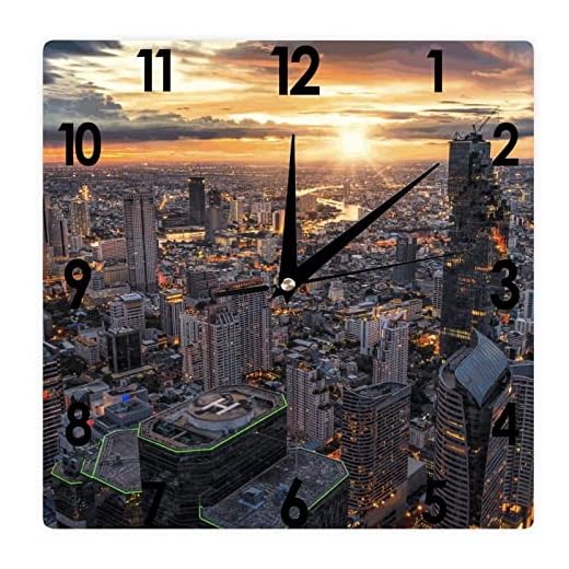 Higoss Fyrkantig väggklocka Bangkok centrum med solnedgång himmel tyst icke-tickande klocka 30 cm, batteridriven exakt landskap/stadsbild bondgård/hem/kontorsdekor