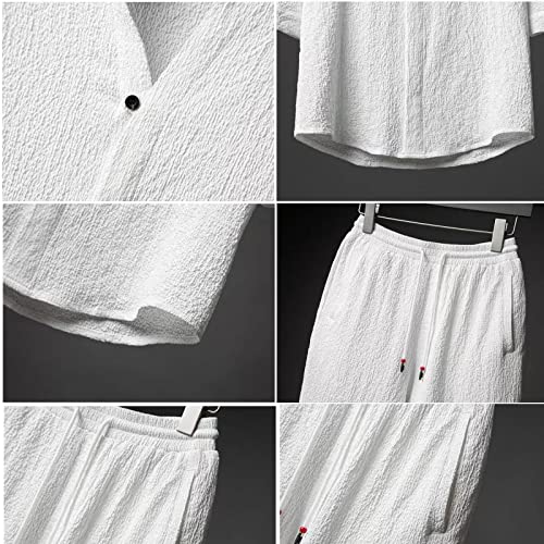 Men's 2 Pieces Linen Set Summer Outfits, Casual Beach Button Down Shirt Short Sleeve Casual Loose Yoga Pant Sets