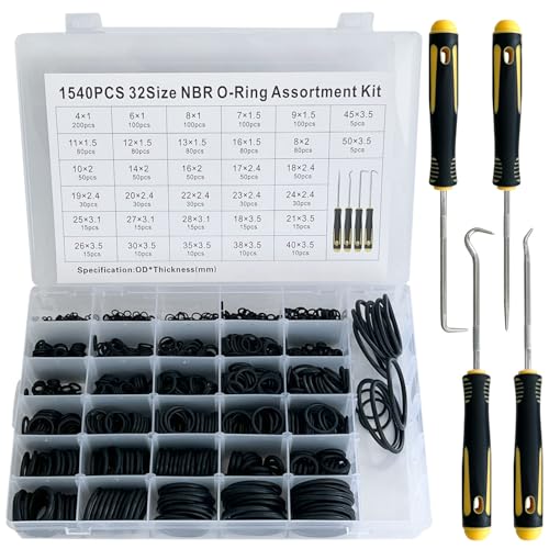 SUGOOE 32 Sizes 1540 Pcs Rubber O Rings Assortment Kit with 4pc Tools for Pressure Washer, Plumbing Sealing Repair, Air or Gas Connections OD 4mm-50mm