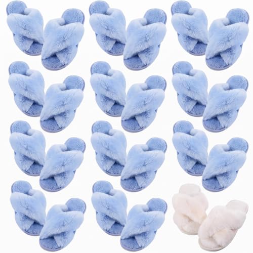 Image of 12 Pairs Women's Fuzzy Slippers Cross Band Open Toe Bridesmaid Fluffy Comfy House Slippers for Indoor Outdoor Wedding