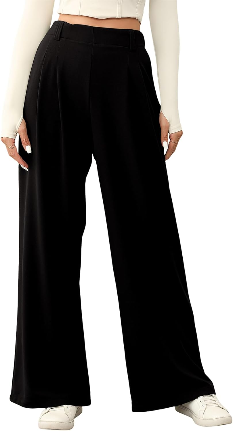 EVALESS Women's Fleece Lined Pants Wide Leg High Waisted Knit Palazzo Pants Business Casual Work Trousers with Pockets