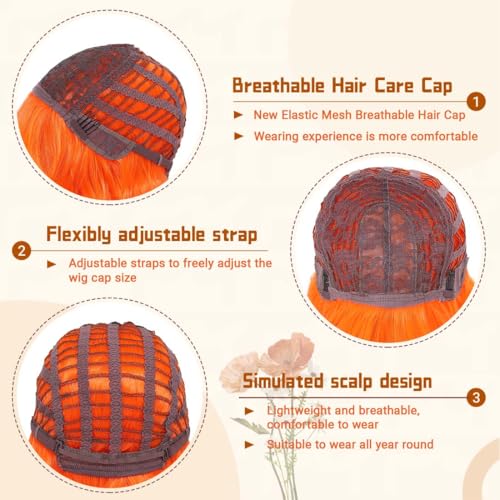 Image of Pastel Bright Orange Wavy Bob Wig for Women, Short Shoulder Length Synthetic Wig with Bangs, Matte Natural Realistic Look Lightweight Hairpiece, Orange Color for Gift & Cosplay Costume