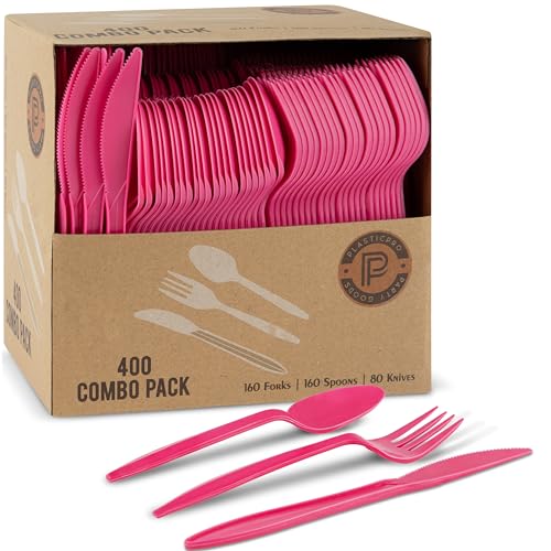 PLASTICPRO 400 Pack Disposable Plastic Utensils Assorted Colored Cutlery Combo Set Forks Spoons Knives Silverware Pink Plastic Cutlery for Parties