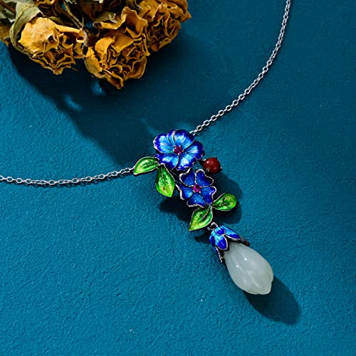 Jkr Jade Pendant Necklace Sterling Silver Enamel Flower Floral Necklace Mother’s Day Gifts For Women Mom Girls Her Lover Wife Girlfriend (Long Jade) #TOP4