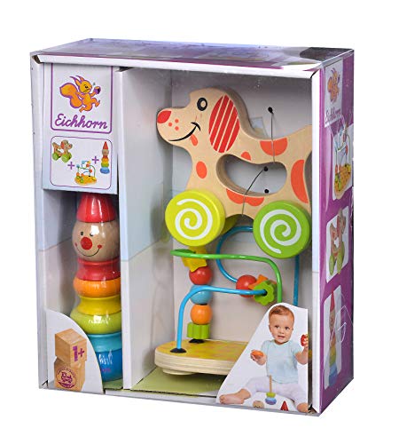 Eichhorn - 100003750 -Lernspielset,Geschenkset, 3 teilig,bestehend aus Steckfigur Clown, Motorikschlaufe, Schiebehund, Birkenholz, für Kinder ab 12 Monaten
