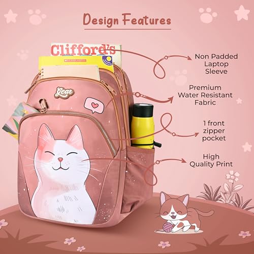 Image of Gear Cutie Cat 17 inch /27L Large Water Resistant School Bag | Casual Backpack | Daypack | Travel Backpack | Kids Bag for Boys /Girls (Brown - Pink)
