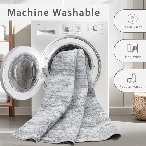 Washable Rugs 8x10 Area Rugs for Living Room,Rugs for Bedroom,Large Carpets,Ultra Soft Faux Wool Retro Dining Room Rug,Non Slip&Non-Shedding Low Pile Vintage Print Rug for Home Office-Grey Cream