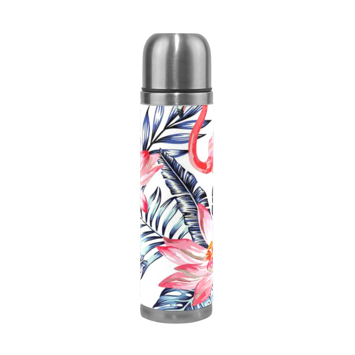 Thermos 17.5oz Customized Pink Watercolor Flamingo And Blue Palm Leaves Vacuum Insulated Stainless Steel Water Bottle
