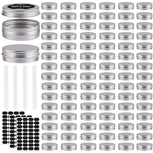 OBKJJ Paquete de 96 latas redondas con tapa de rosca, latas de metal de aluminio de 2 onzas, recipientes de velas de alimentos para barras de loción, bálsamos, bálsamos, especias, bálsamo para barba,