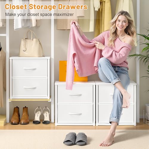 DAOUTIME 2-Pack Stackable Storage Drawers (4 Drawers Total), White Closet Organizer with Wooden Top & Metal Frame, Freestanding or Stackable Dresser for Bedroom, Living Room, Under Bed - Thumbnail 5