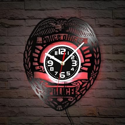 Geek Alerts 12 '' Police Officer Badge LED Night Lamp Vinyl Record Wall Clock,Handmade Vintage