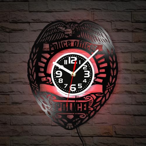 Geek Alerts 12 '' Police Officer Badge LED Night Lamp Vinyl Record Wall Clock,Handmade Vintage