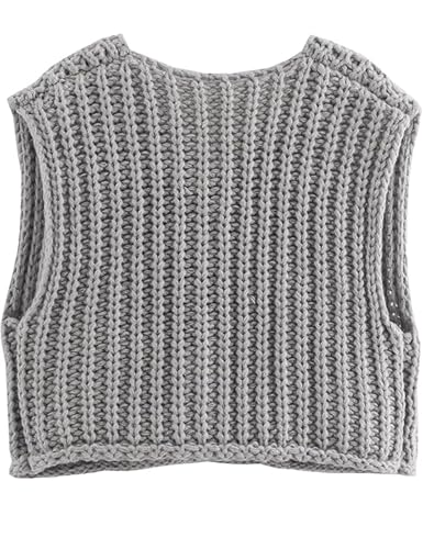 Women's Chunky Knit Vest Button Down Casual Sleeveless Cropped Crochet Sweater Cardigan with Pockets(016-Grey-S), Small3