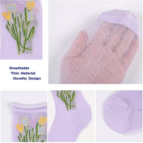 Womens Ruffle Socks Lace Mesh Socks Girls Pretty Frilly Cotton Crew Socks Novelty Elegant Fancy Dress Socks Colorful Floral Patterned Turn Cuff Lettuce Trim High Ankle Socks, 5 Pack-Tulip Flowers #TOP2