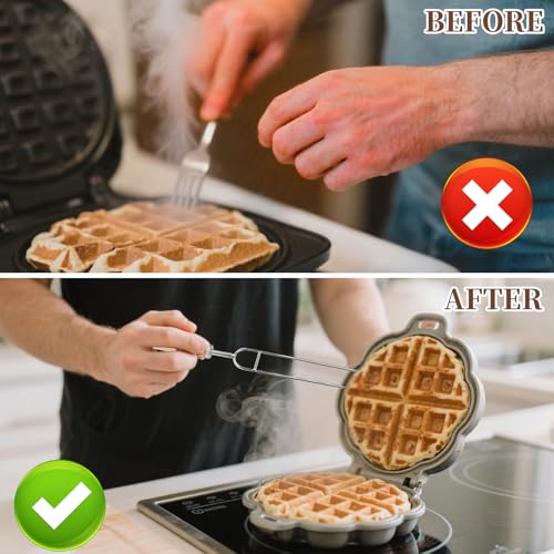 2PCS Waffle Fork for Belgian Waffles, Stainless Steel Waffle Fork with Wooden Handle, Kitchen Tool,Beveled Prongs With Silicone Case,Belgian Baking Accessory