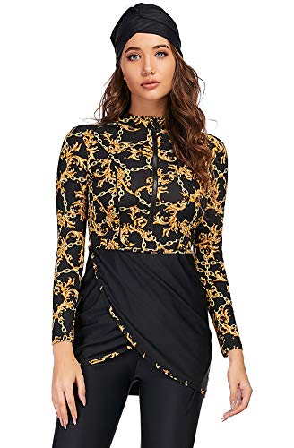 Alaysom Womens Modest Swimwear Swimsuit Muslim Swimwear Hijab Swimming Beachwear Long Sleeve Surfing Suit (Gold, XXXXL)