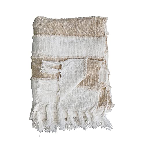 Bloomingville Cotton Stripes And Fringe, White And Natural Blanket Throw, Tan #TOP2