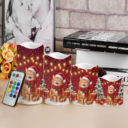 Image of Cat Christmas Flameless LED Candles Set of 4 | Xmas Battery Operated Candles with Remote Control, Electric Pillar Candles for Holiday Party Decorations