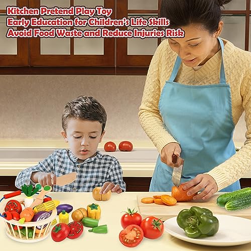 Image of Wooden Vegetable Toys for Children,Pretend Play Food Set for Kid, Magnetic Cutting Kitchen Toy with Picnic Basket,Baby Dinette Accessories for Toddlers Store Grocery,Gift for Girl Boy