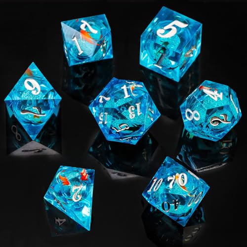 Liquid Core DND Dice, 7Pcs Koi You Fish D&D Dice Resin Sharp Edged Polyhedral Game for Dungeons and Dragons Blue Silver Handmade Role Playing Game RPG Dice Set(D20 D12 D10 D8 D6 D4)
