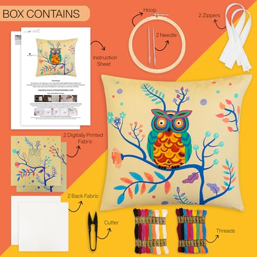 Image of picknMAKE Set of 2 DIY Cushion Cover Hand Embroidery Kit Set for Beginners with Majestic Owl Bliss DIY Craft Cushion /Pillow Cover|16 inchX16|Digitally Printed Embroidery Patterns|All Materials Included