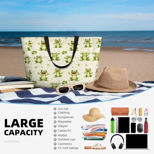 Large Beach Bags for Women Sandproof - Frog Green Cute Print Summer Work Travel Tote Bags with Zipper4