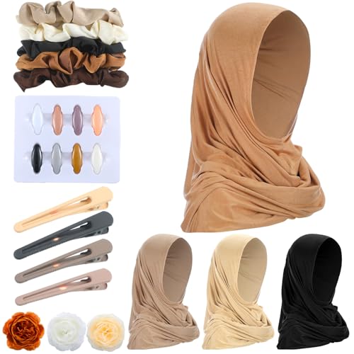 25 Pcs Jersey Hijab Set for Women 4 Pcs Hijab Scarf 3 Bouquet 8 Headscarf Pin 4 Hairpin 5 Hair Scrunchie with 1 Black Gift Box for Women Muslim Hajj Wedding Favors