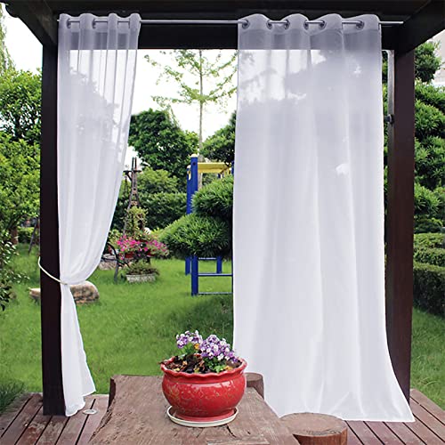XQKXHZ Outdoor Sheer Curtains for Patio Waterproof White Voile Drapes with Grommet Top And Tieback Rope, Indoor/Outdoor Curtains for Gazebo Pergola Balcony Deck Cabana,2Pcs,183x274cm(W x L)